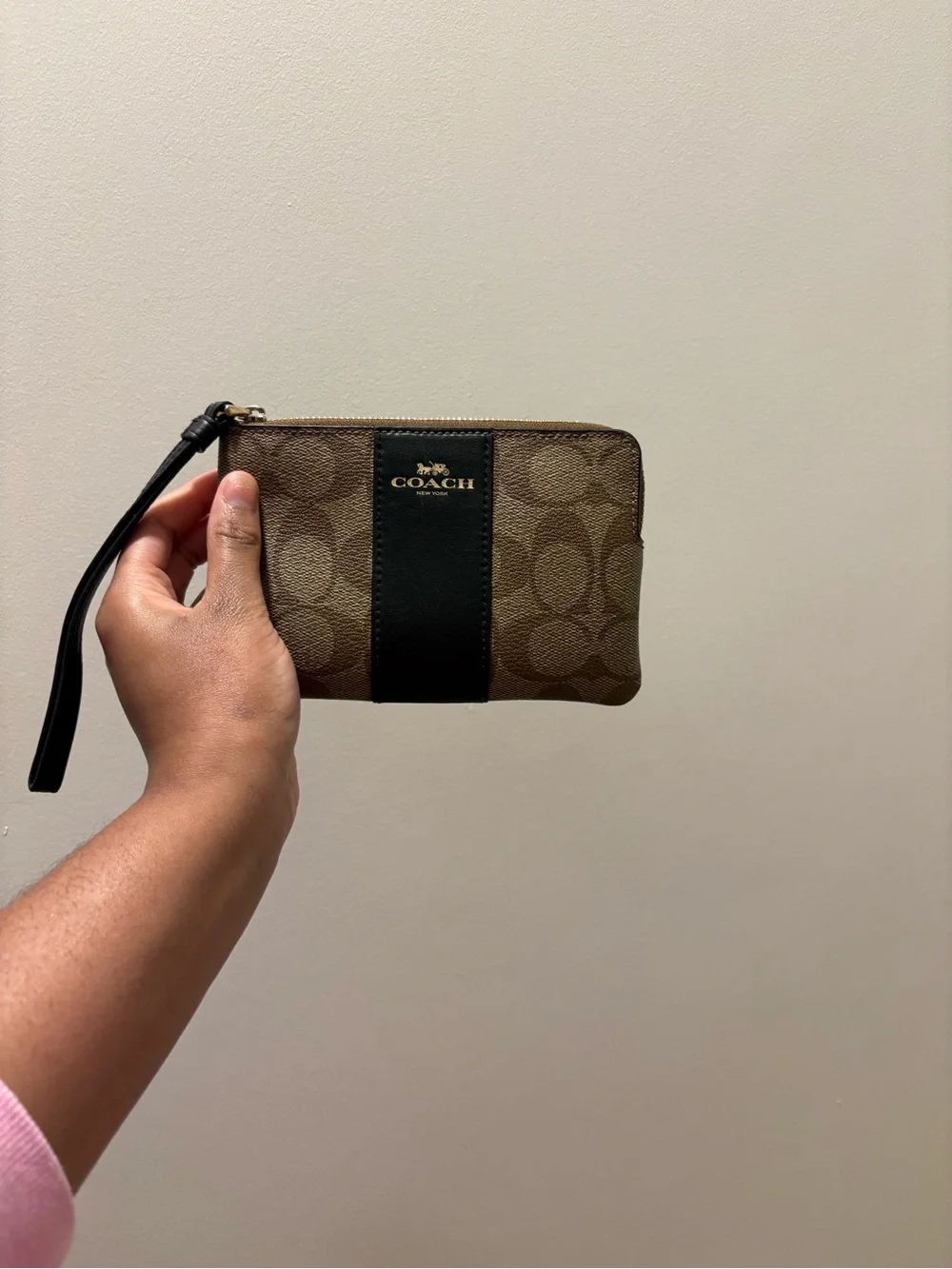 Coach Brown Signature Wristlet with Black Center Stripe